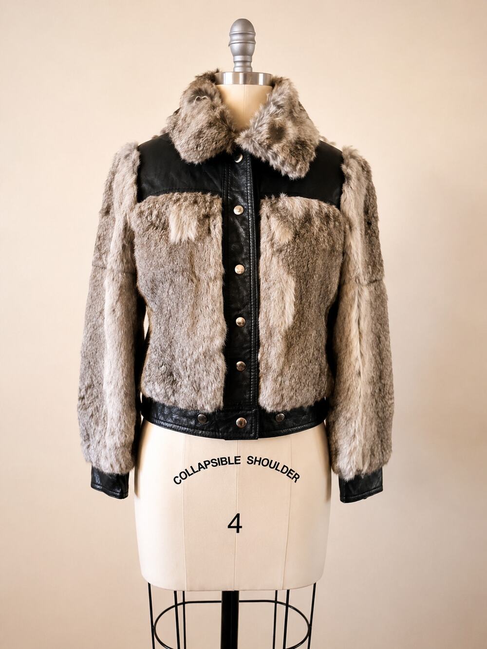 Vintage 1970s La Scala Rabbit Fur Black Leather Jacket Women M Punk Rock AS IS